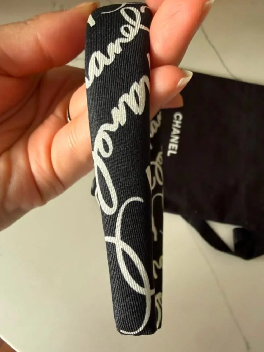 CHANEL Black and White Satin Logo Headband